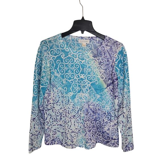 Christopher & Banks Cardigan Blue Floral beaded studs Long Sleeve Top Size Large - Picture 1 of 12